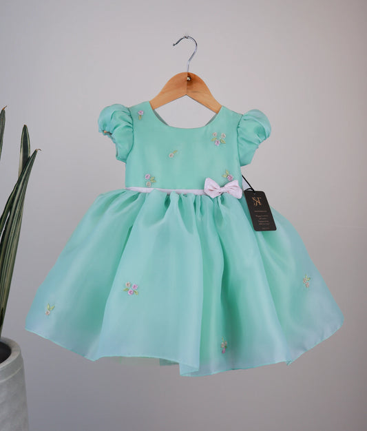 Mint green organza baby dress with pink floral embroidery and handwork