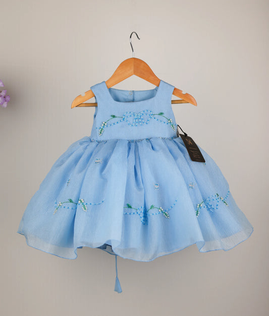 Elegant Blue organza floral handworked premium frock