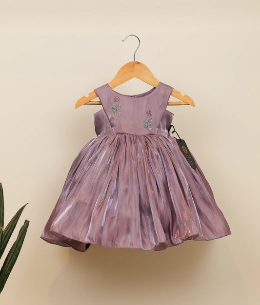Front view of pastel lavender lacer organza floral handworked birthday frock