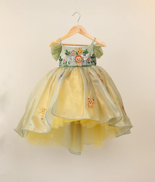 Pastel green floral embroidery jungle-themed birthday dress for baby girl
