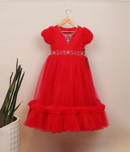 Front view of rani pink tulle net handworked birthday frock