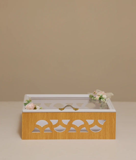 Multi-wooden decorative flower baptism box against plain background