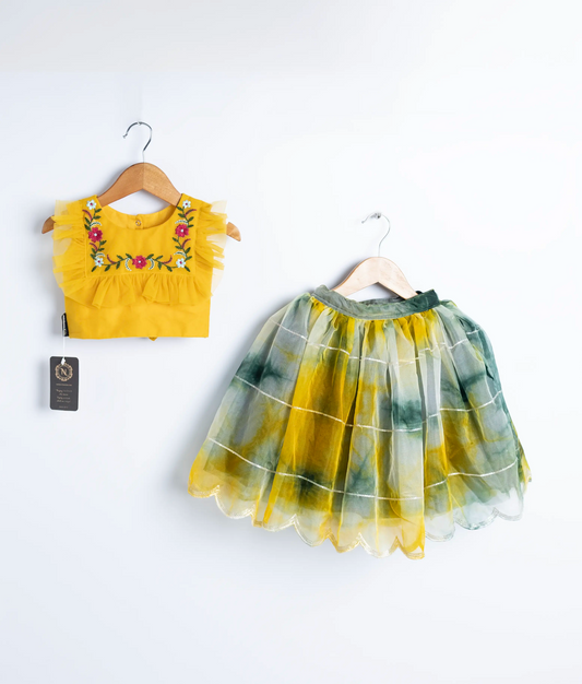 A yellow floral embroidery crop top and a skirt, displayed on hangers against a white background.