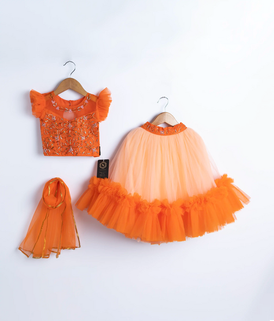 An orange handworked crop top peach skirt and a matching orange dupatta displayed on hangers against a white background.