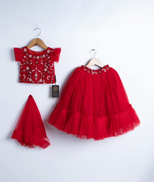 A red tulle net handworked crop top and skirt is displayed on hangers against a white background.