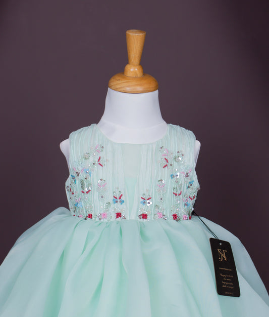 Ocean Green Plain Organza Handworked Birthday Frock For Baby Girl (Pre order:2767)
