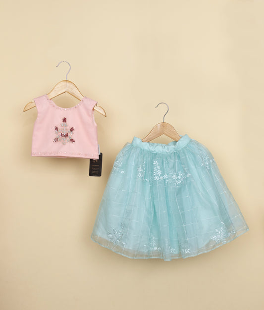 Pink top and blue skirt set on hangers against a beige background