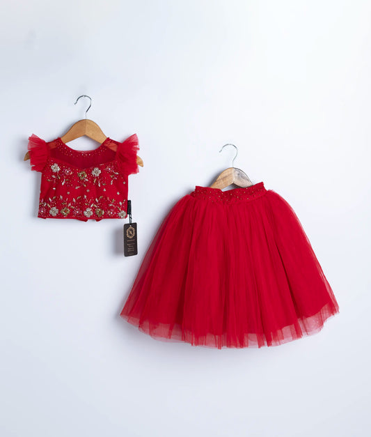 A red tulle net handworked crop top and skirt displayed on hangers against a white background.
