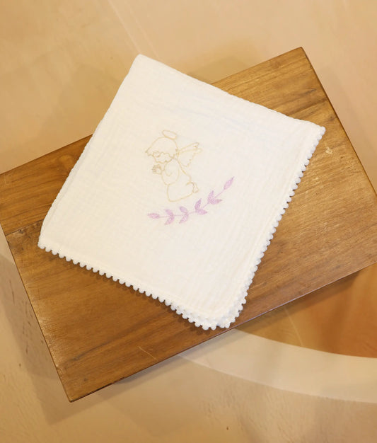 Front view of an off-white angel embroidery cotton baptism towel.