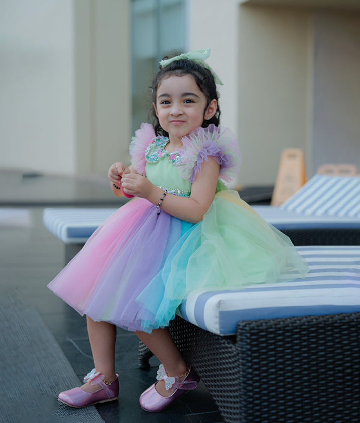 Multicolour Tulle Net Rainbow Theme birthday frock For Baby Girl (1010)