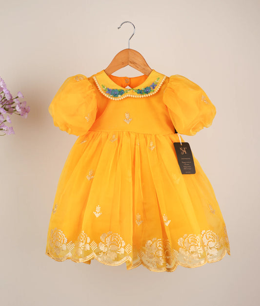 A yellow organza baby frock with embroidery and a round neckline, displayed on a hanger.