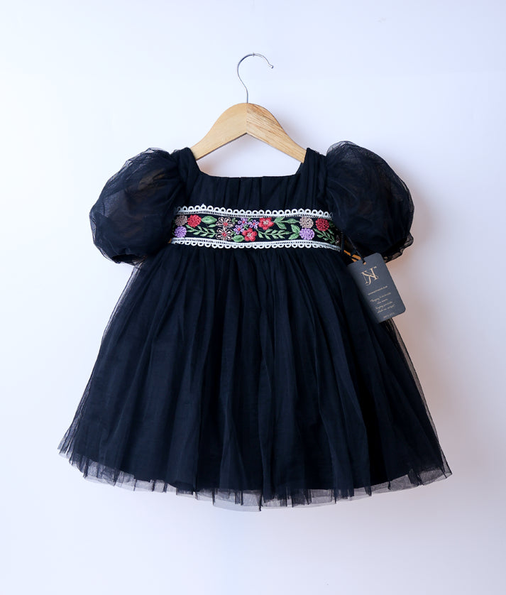 Black Tulle Net Embroidery Central Sash Casual Frock For Baby Girl