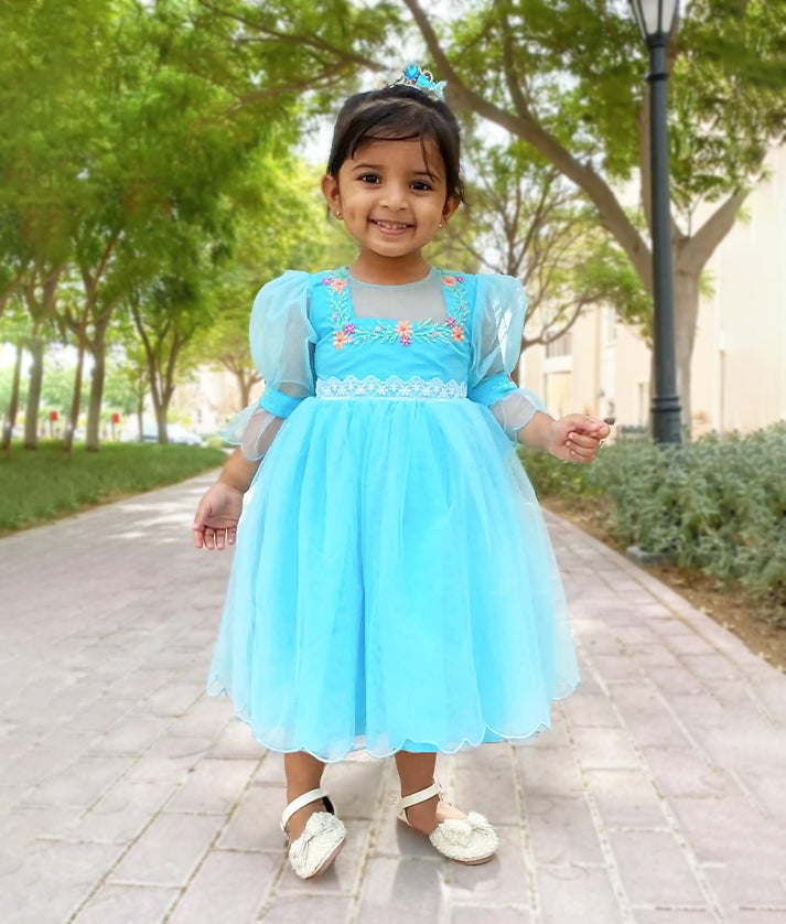 Blue Tulle Net Embroidery With Handworked Birthday Frock For Baby Girl 18 (1 to 2Yrs)
