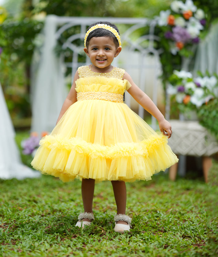 Yellow Tulle Net Handworked Birthday Frock For Baby Girl