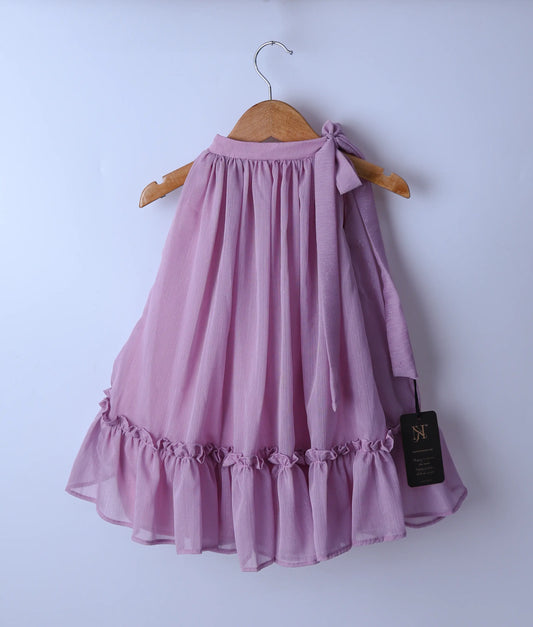 Pastel lavender halter-neck sleeveless casual frock displayed on a wooden hanger.