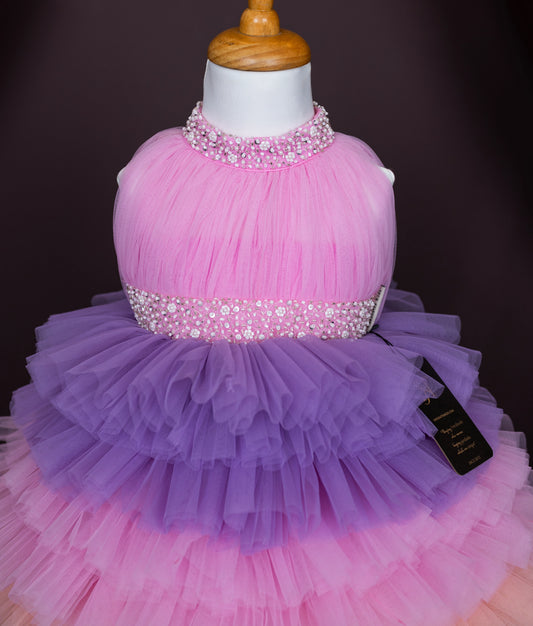 Multicolour Tulle Net Handwork Step Birthday Frock For Baby Girl (Pre order:5184)