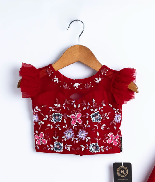 Red Tulle Net Handworked Crop Top With Full Length Skirt For Baby Girl [Ready to ship :2275}