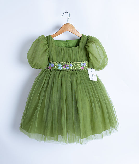 Olive green tulle net embroidery frock hanging on a wooden hanger.
