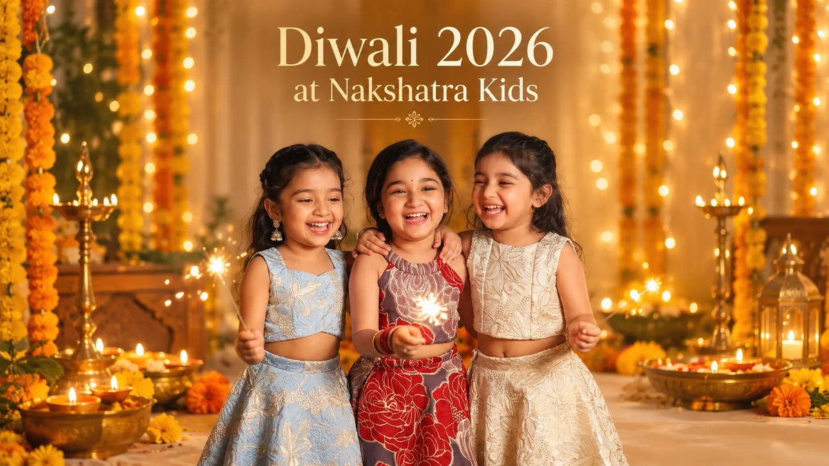 Three baby girls in festive skirt and top sets for Diwali 2026 by Nakshatra Kids
