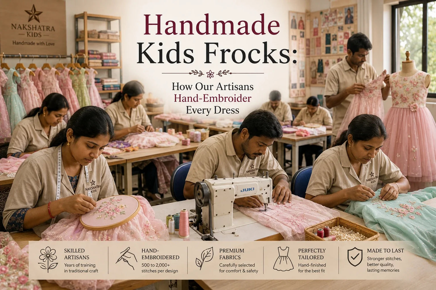 Handmade kids frocks infographic showing the artisan process from fabric selection and design tracing to hand embroidery and dress stitching.