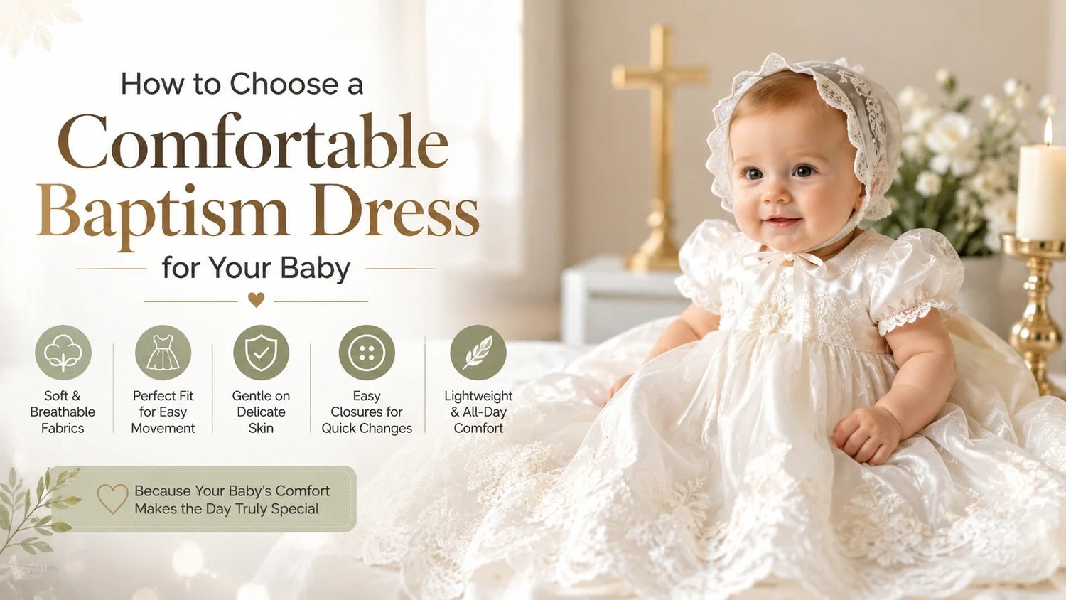 Baby wearing a comfortable white baby baptism dress with lace details and a matching bonnet, highlighting soft, breathable fabric, gentle comfort, easy closures, and lightweight design.