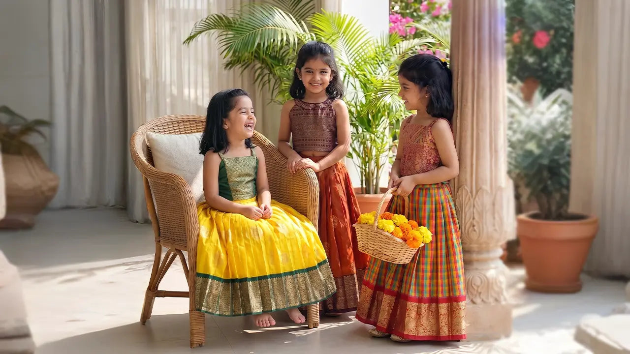 Three baby girls wearing Kanjivaram pattu pavada 