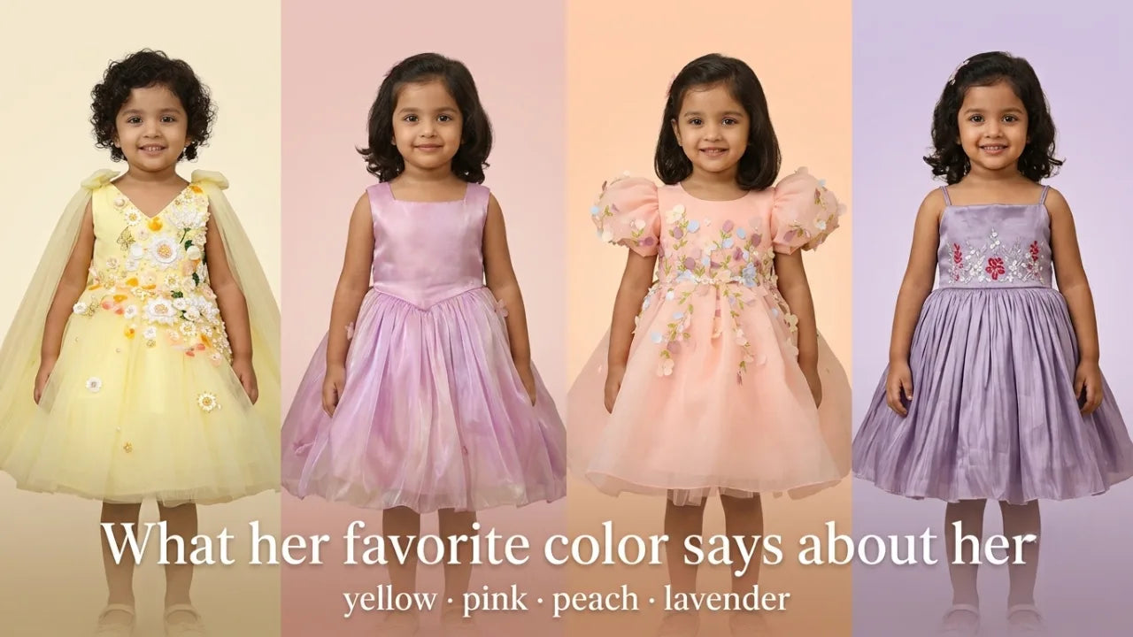Four baby girls in yellow, pink, peach, and lavender party dresses by Nakshatra Kids