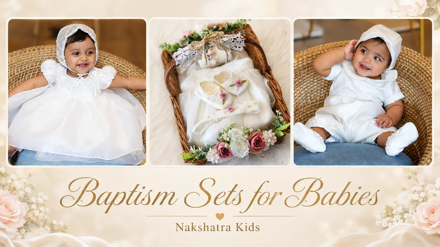 Baby girl and baby boy in complete baptism sets with gown, bonnet, and accessories