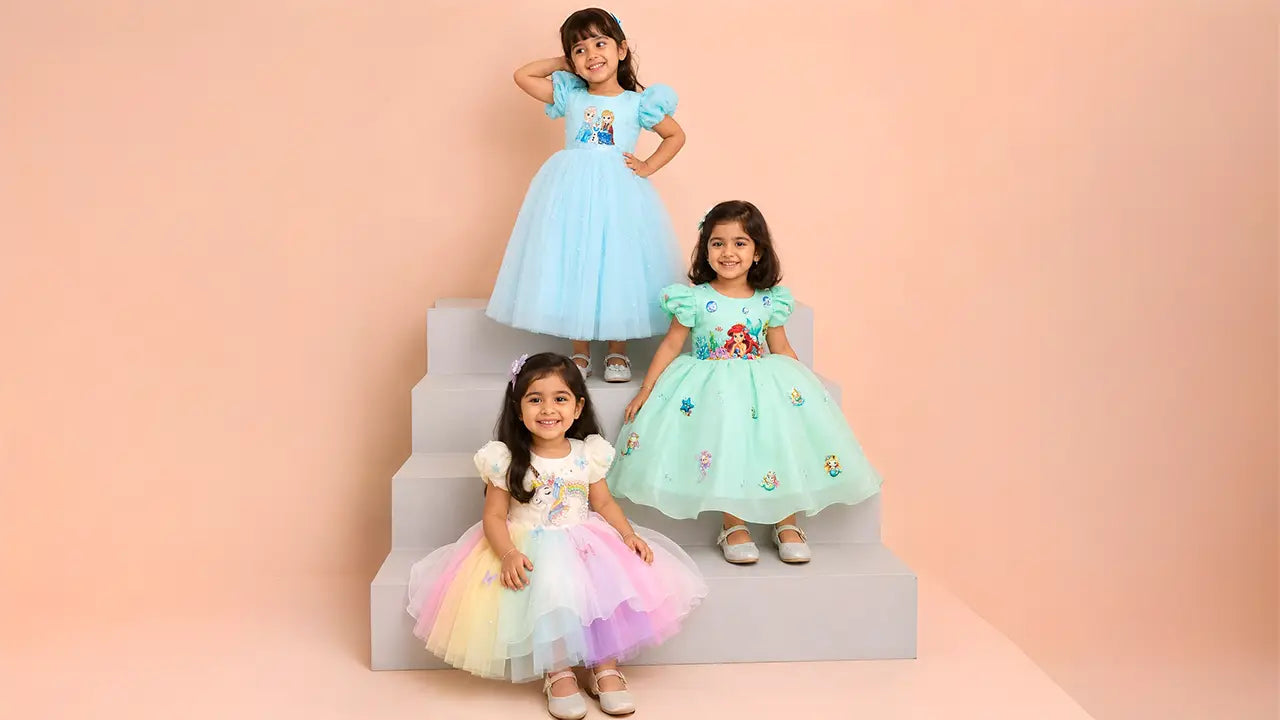 Three baby girls wearing Mermaid, Elsa, and Unicorn theme birthday frocks in sea green, ice blue, and pastel rainbow tulle
