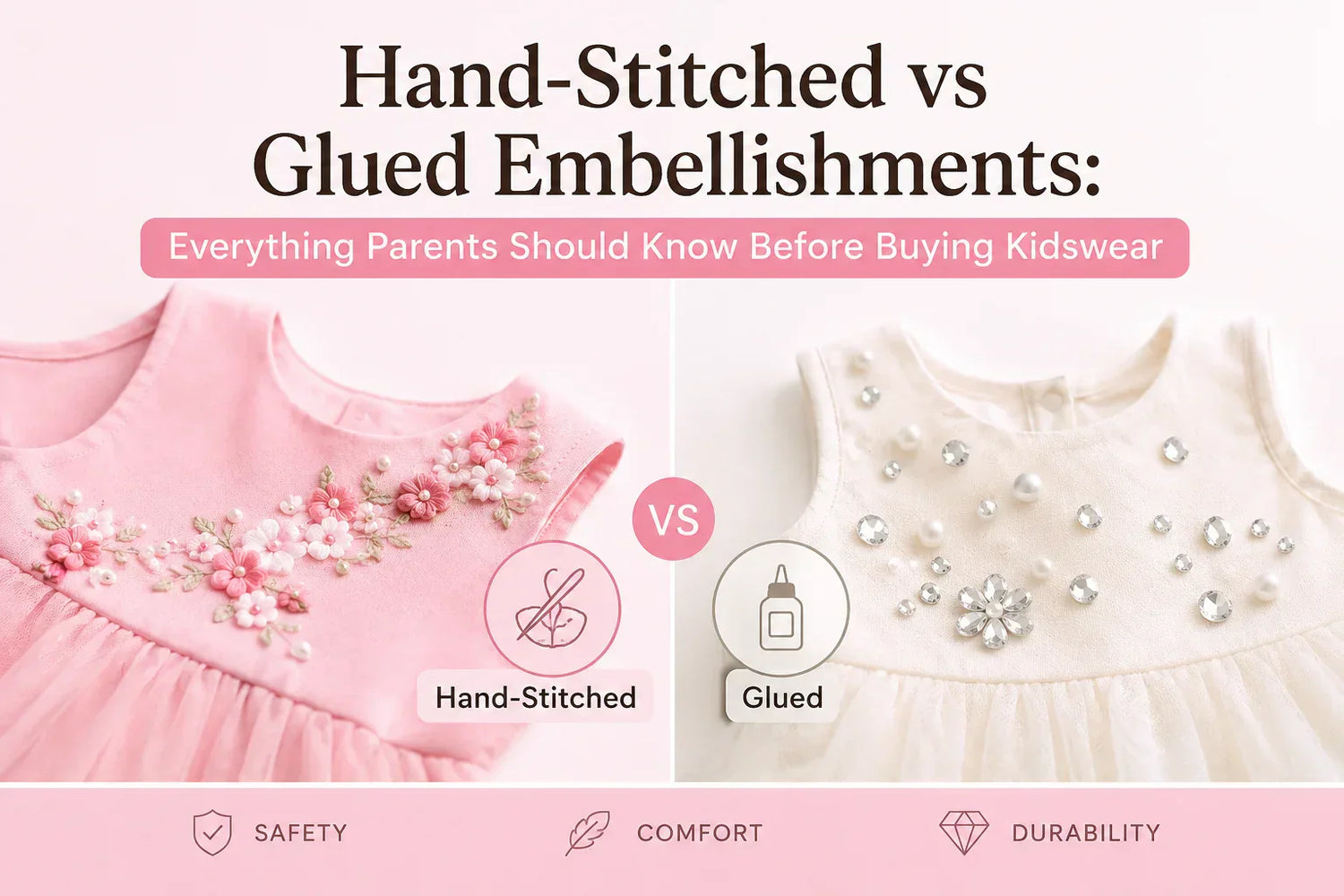Hand stitched dress vs glued embellishments comparison for kidswear showing safety, comfort, and durability.