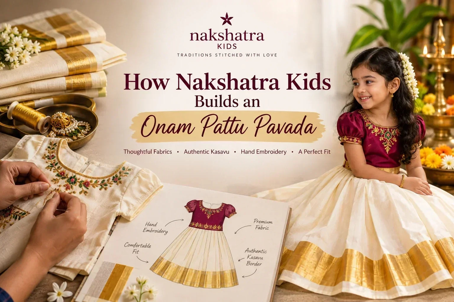 Nakshatra Kids Onam Pattu Pavada featuring authentic Kasavu border and hand embroidery