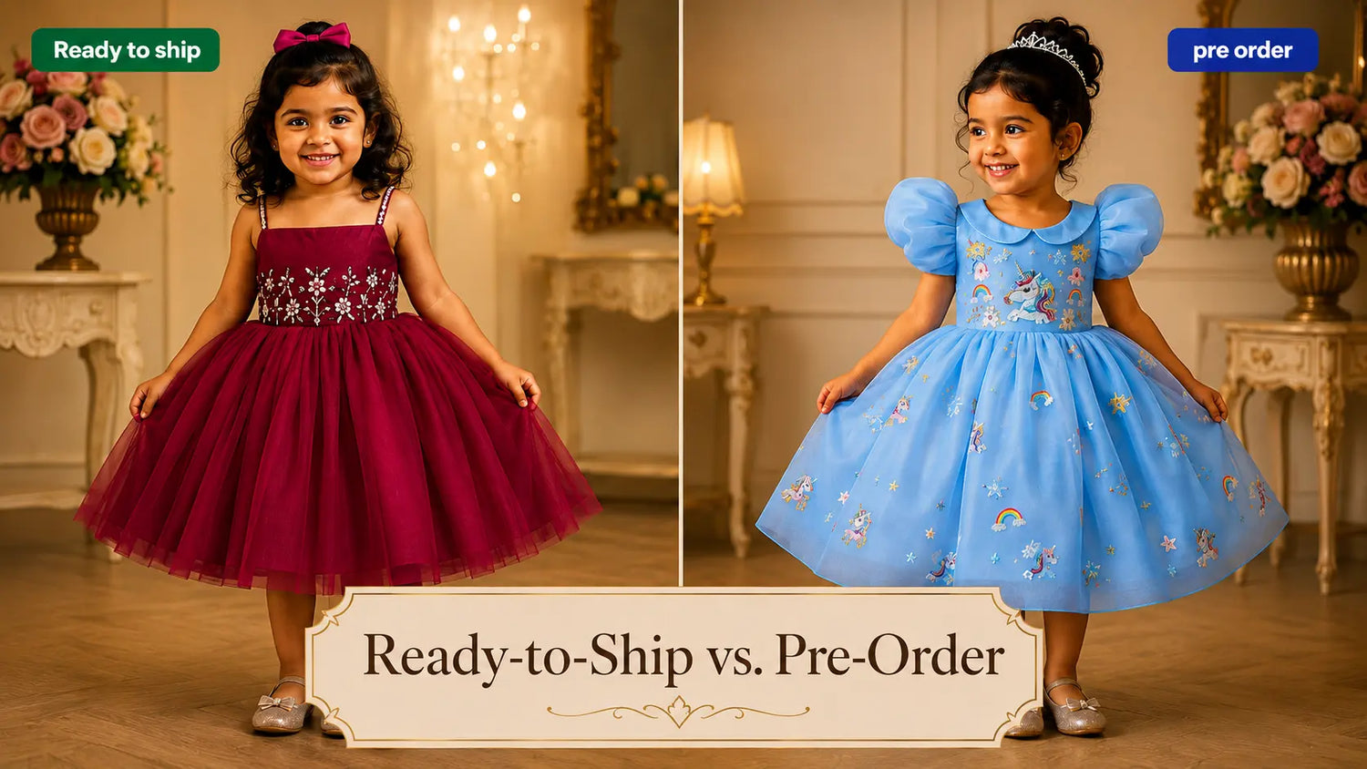 Baby girls in maroon and blue party dresses comparing ready-to-ship and pre-order options