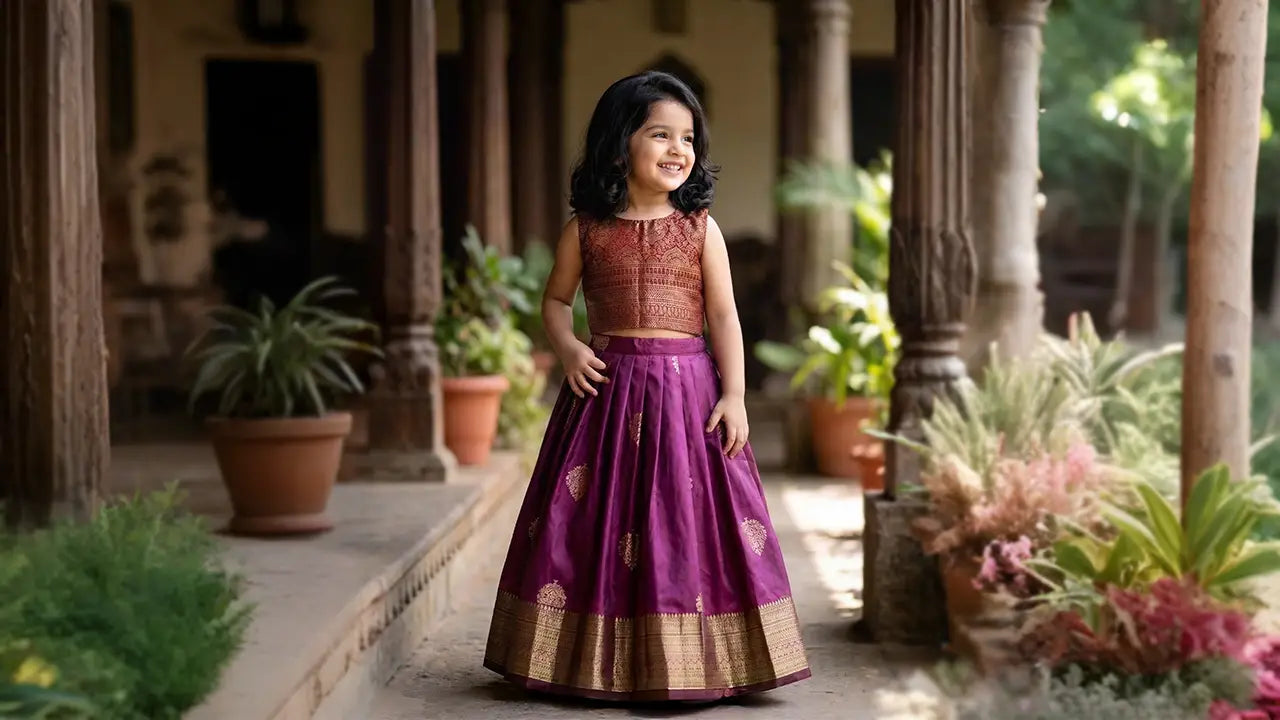 A smiling young girl wearing a traditional purple and maroon Pattu Pavadai with gold zari borders for a Vishu celebration.