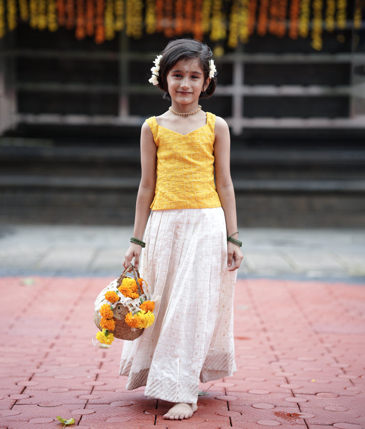 Yellow Top with Off white Chanderi skirt [2793]