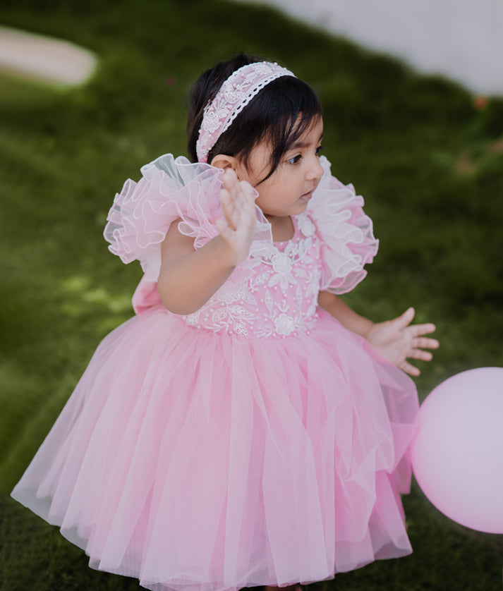 Pastel Pink Tulle Net  Handworked Birthday Frock For Baby Girl [7802A]