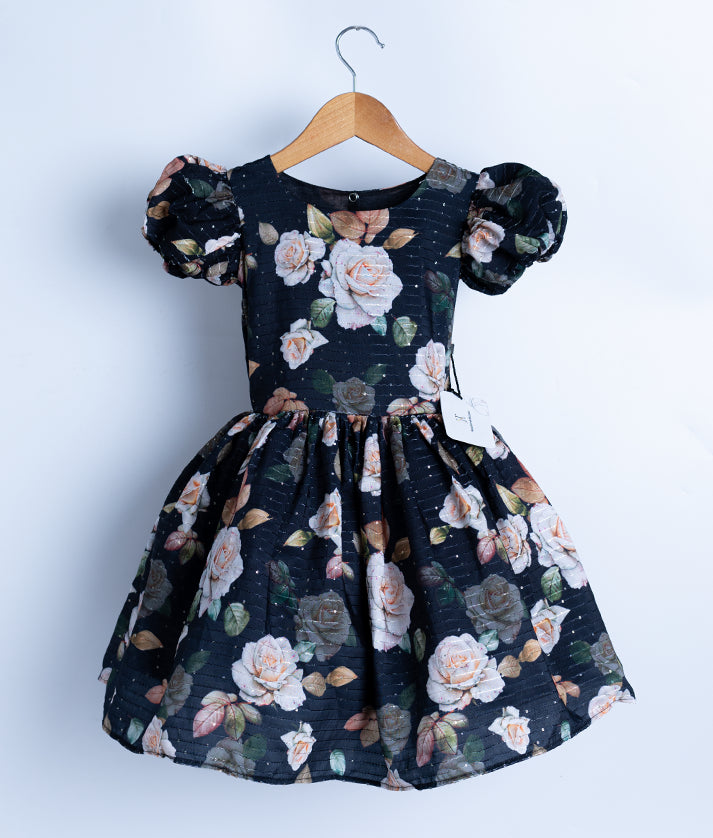Black Printed Organza Cotton Frock For Baby Girl [2526]