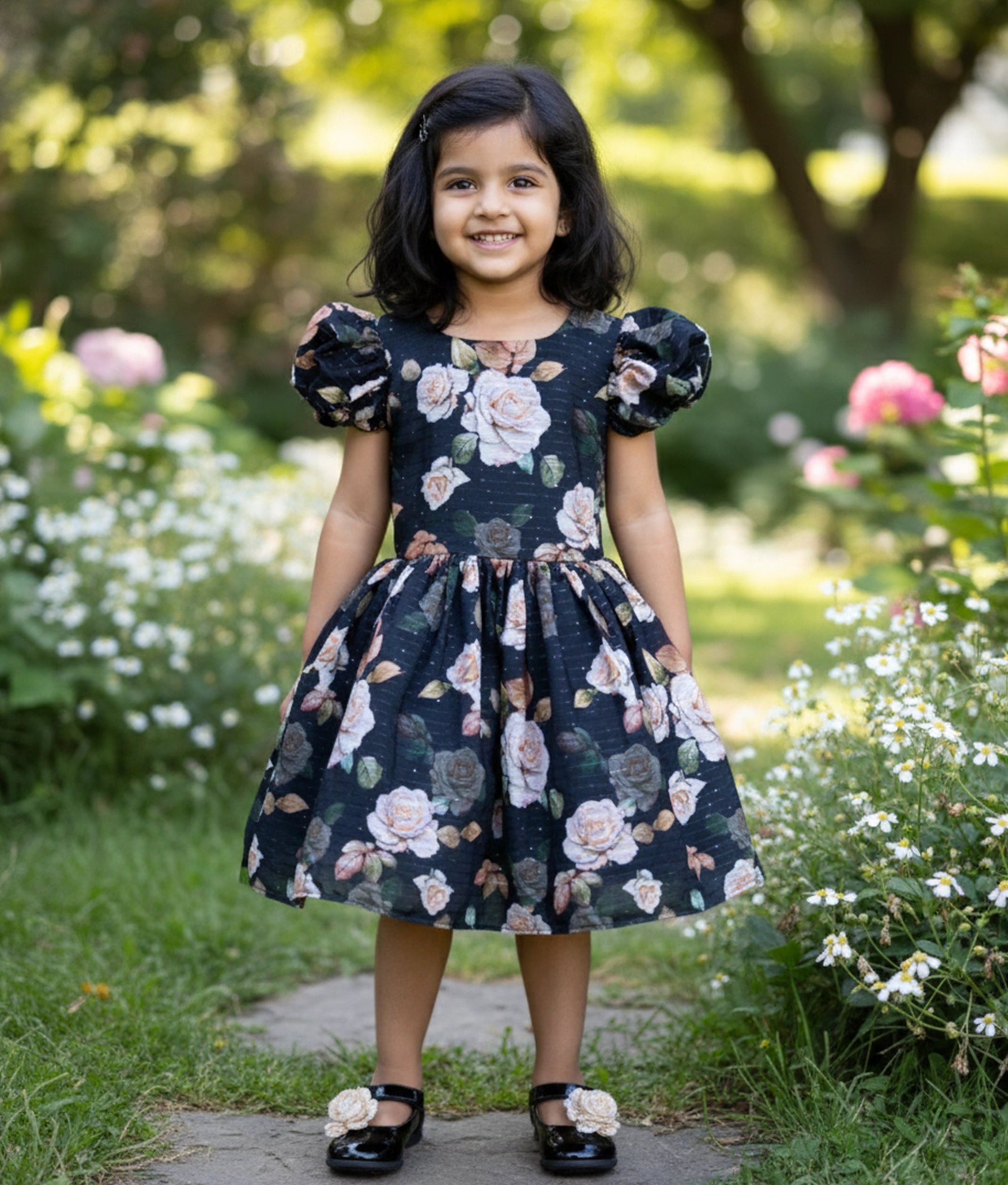 Black Printed Organza Cotton Frock For Baby Girl [2526]