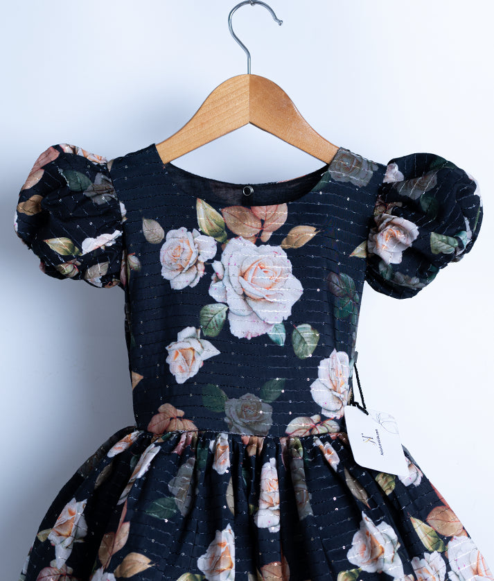 Black Printed Organza Cotton Frock For Baby Girl [2526]