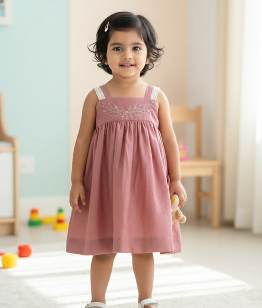Onion Pink Embroidery Cotton Frock For Baby Girl [Ready to ship: 2615]