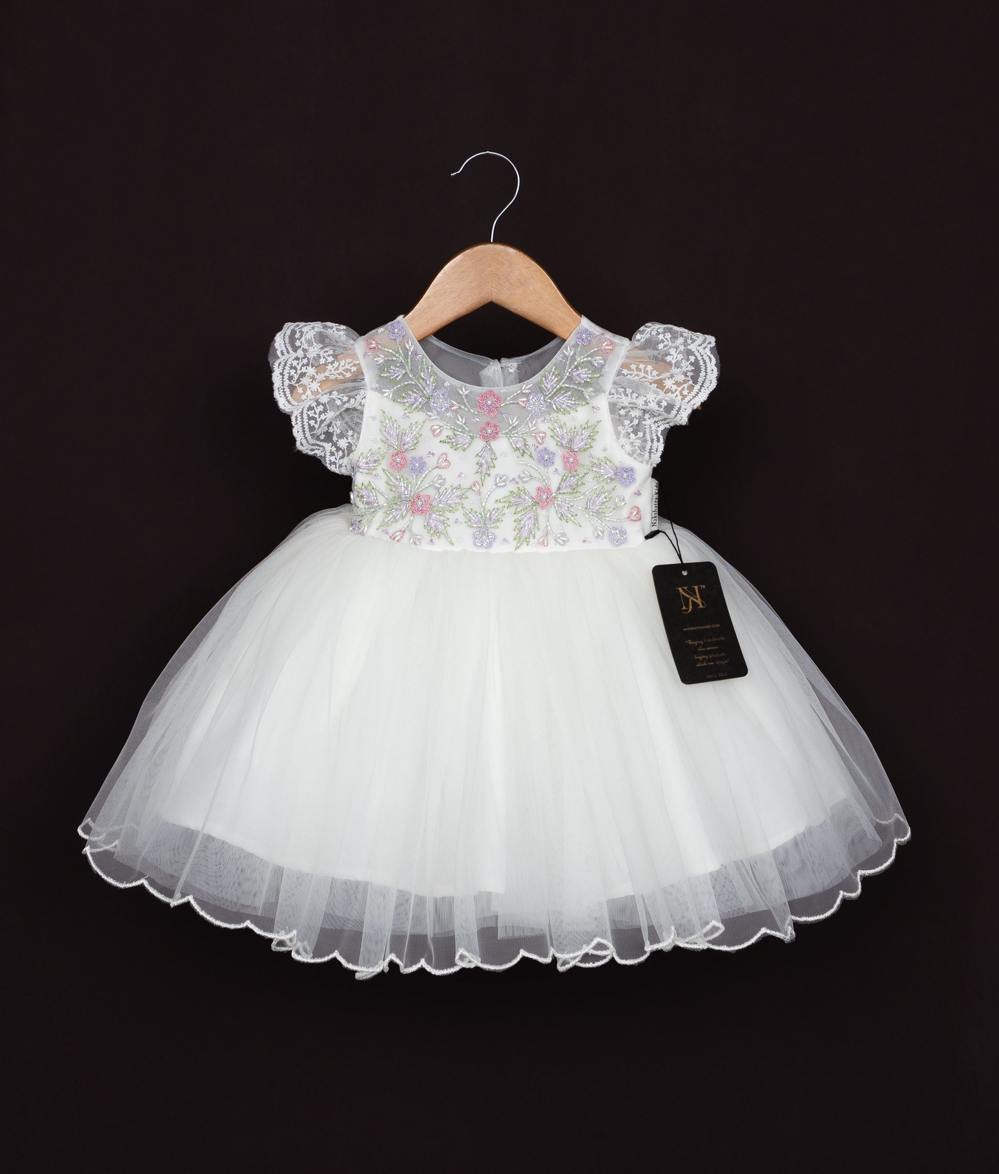 Off-white Baptism Dress with Tulle Handwork Nakshatra Kids