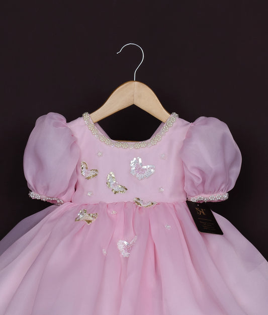 Pink Plain Organza Butterfly Theme Dress For Baby Girl [Pre order:5230]