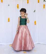 Green Semi Silk Top With Banarsi Skirt for Vishu [5015]