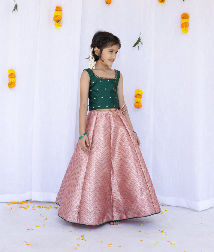 Green Semi Silk Top With Banarsi Skirt for Vishu [5015]
