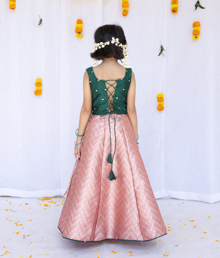 Green Semi Silk Top With Banarsi Skirt for Vishu [5015]