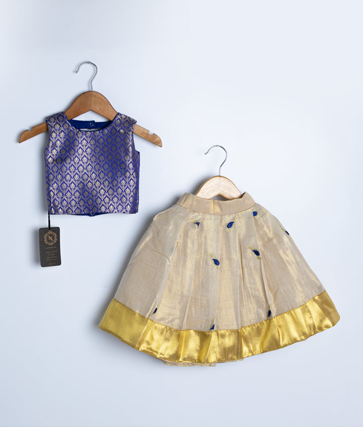 Blue Banarsi Top With Golden Kasav Full Length Skirt For Festival Occasions 1042