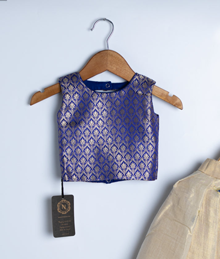 Blue Banarsi Top With Golden Kasav Full Length Skirt For Festival Occasions 1042