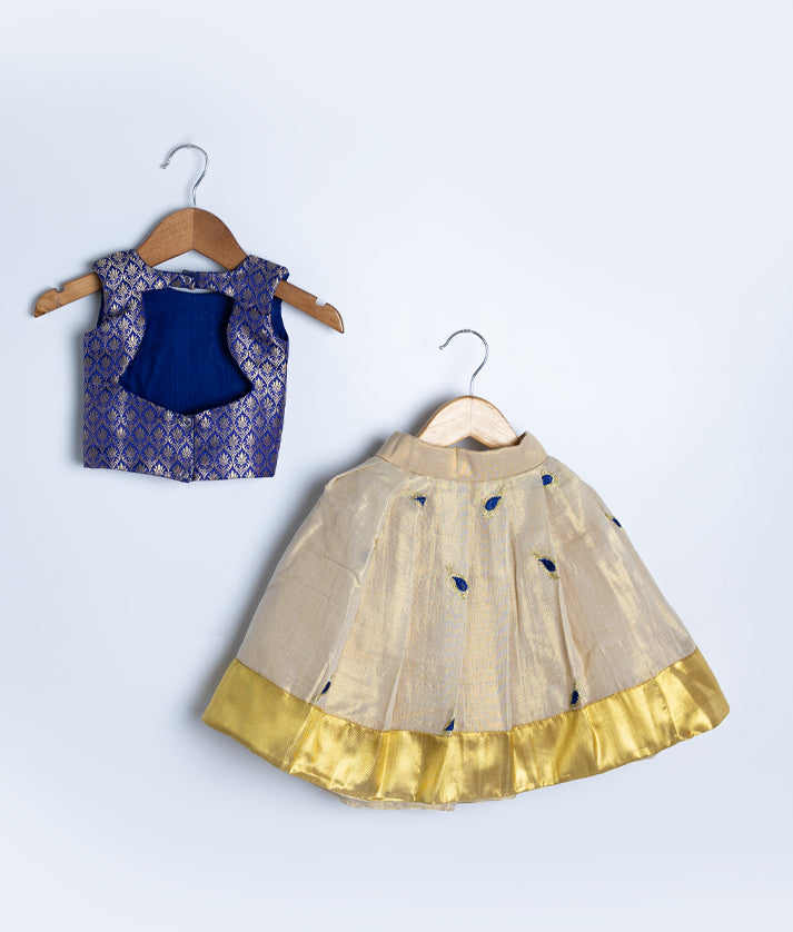 Blue Banarsi Top With Golden Kasav Full Length Skirt For Festival Occasions 1042