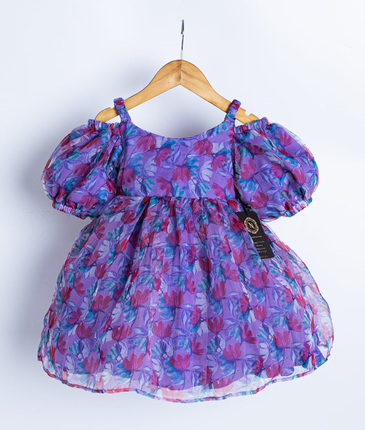 Lavender Printed Organza Casual Frock For Baby Girl [2050]