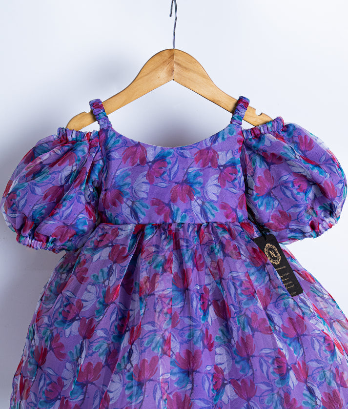 Lavender Printed Organza Casual Frock For Baby Girl [2050]