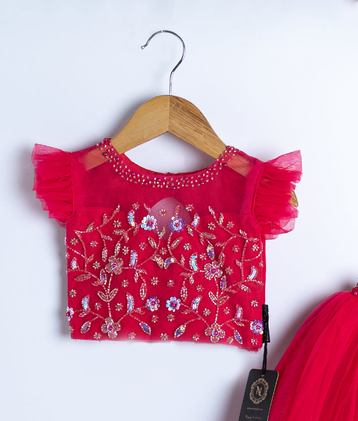 Hot pink Handwork Crop Top With Full Length Skirt For Baby Girl (2150]